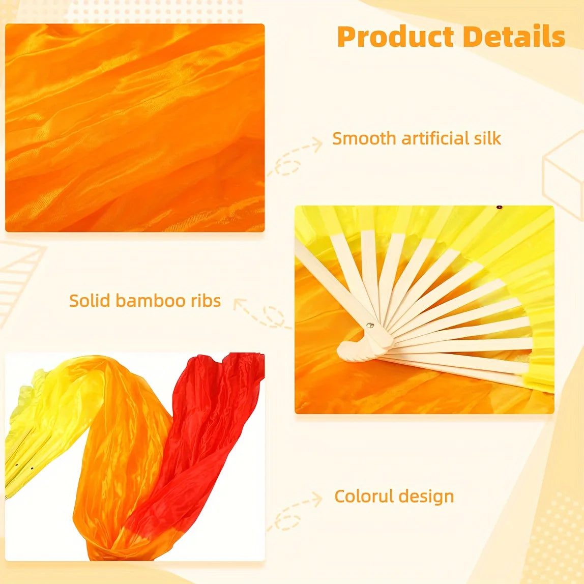 2Pcs Worship fans (Left + Right) Bamboo Long Fans Red Orange Yellow Gradient Color