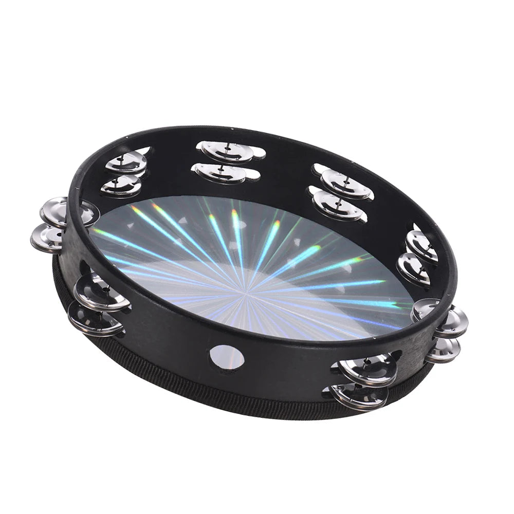 8 Inch Wooden Radiant Tambourine Handbell Hand with Double Row Jingles Reflective