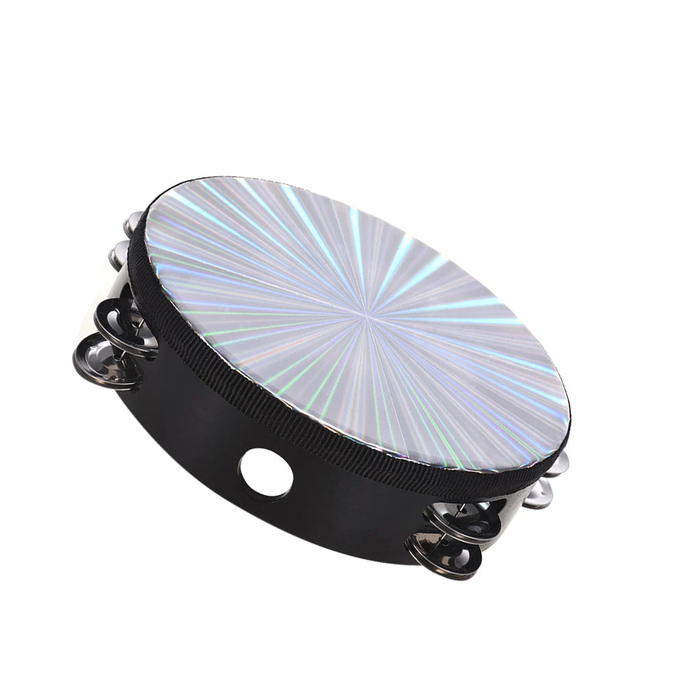 8 Inch Wooden Radiant Tambourine Handbell Hand  with Double Row Jingles Reflective