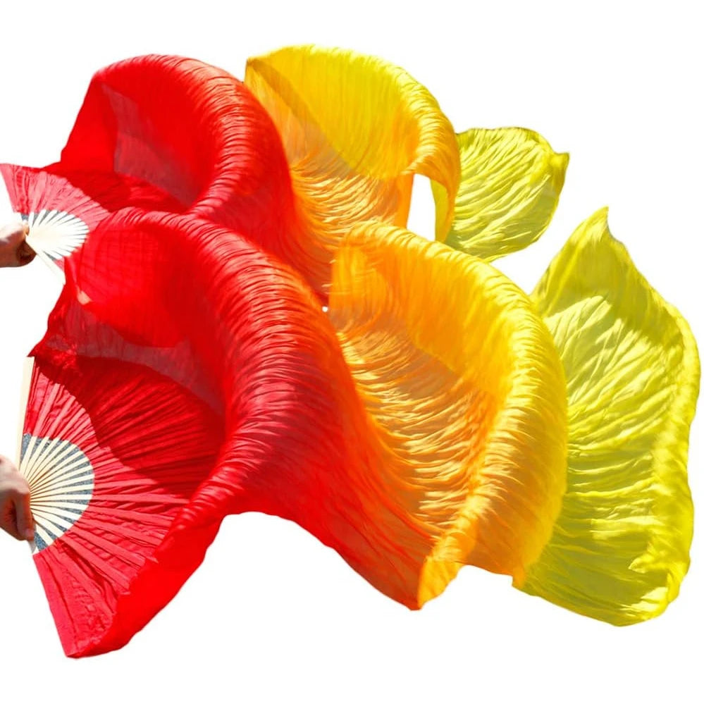 2Pcs Worship fans (Left + Right)  Bamboo Long Fans Red Orange Yellow Gradient Color
