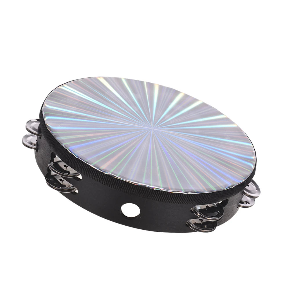 8 Inch Wooden Radiant Tambourine Handbell Hand  with Double Row Jingles Reflective