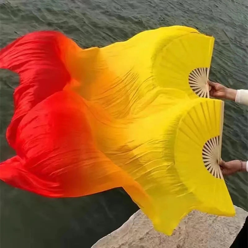 2Pcs Worship fans (Left + Right)  Bamboo Long Fans Red Orange Yellow Gradient Color