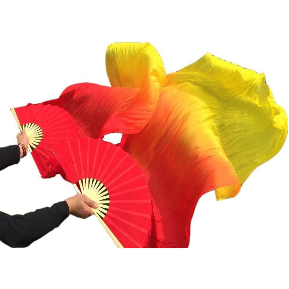 2Pcs Worship fans (Left + Right)  Bamboo Long Fans Red Orange Yellow Gradient Color