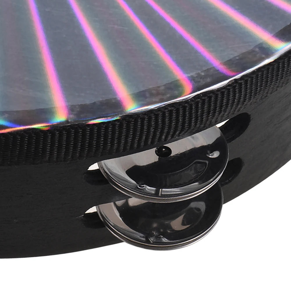 8 Inch Wooden Radiant Tambourine Handbell Hand  with Double Row Jingles Reflective