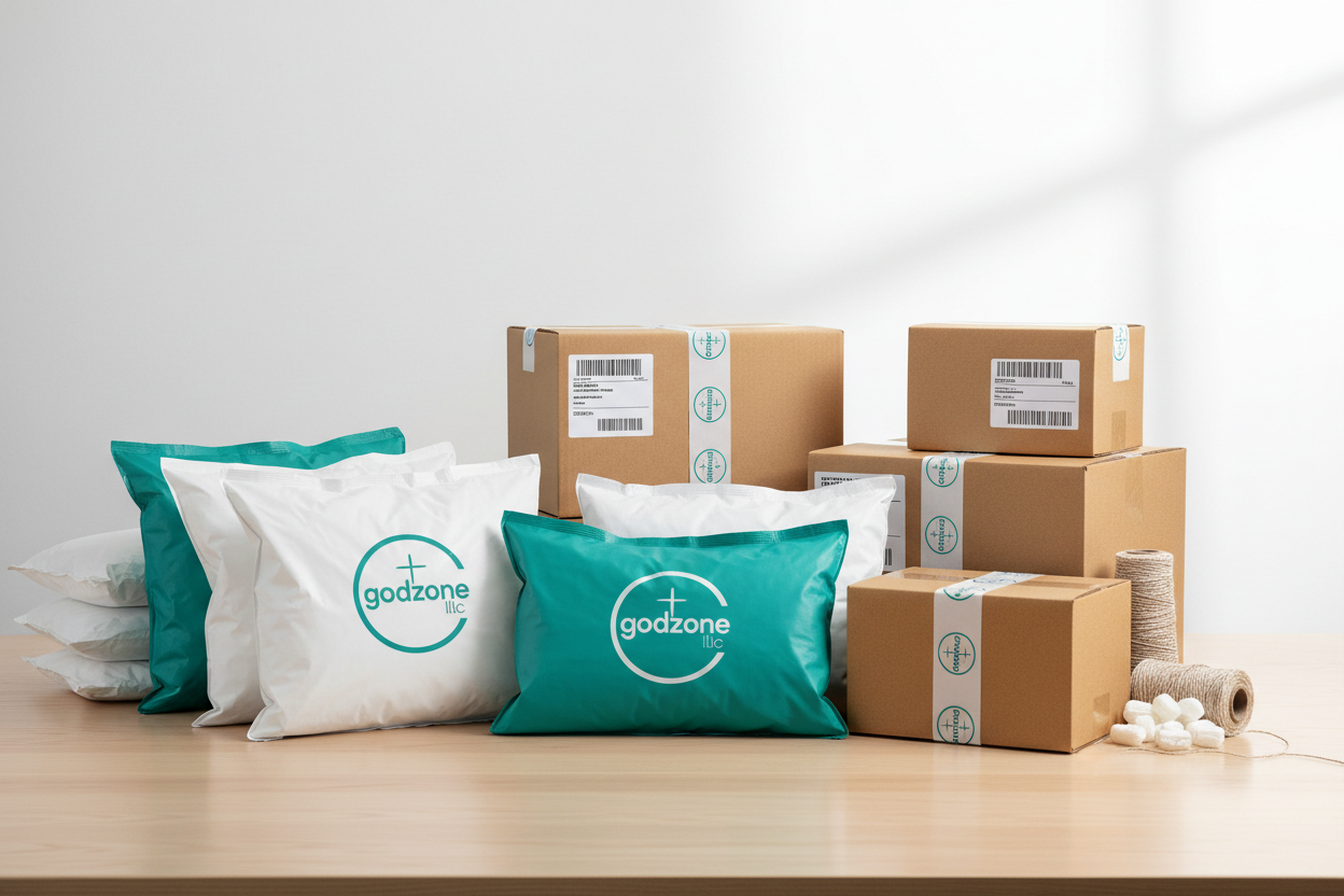 Creame una imagen de paquetes preferiblemente en bolsas de envios  con mi logo que diga godzone llc y este liston para envia